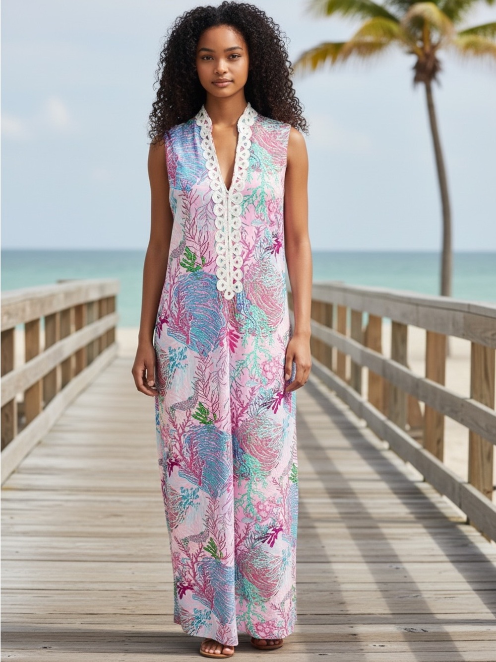 Cappagallo Sleeveless Pink Coral-Print Maxi Beach Dress with Lace-Trim V-Neck
